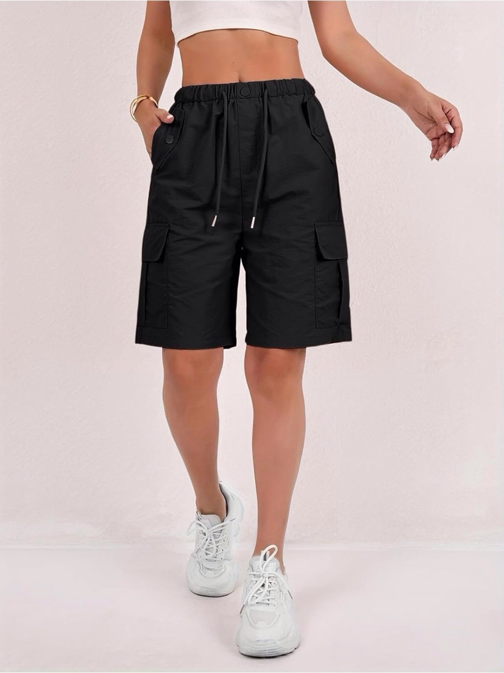 Women's Black Bermuda Cargo Drawstring Shorts Elastic/Tie Waist Size-XXL NEW